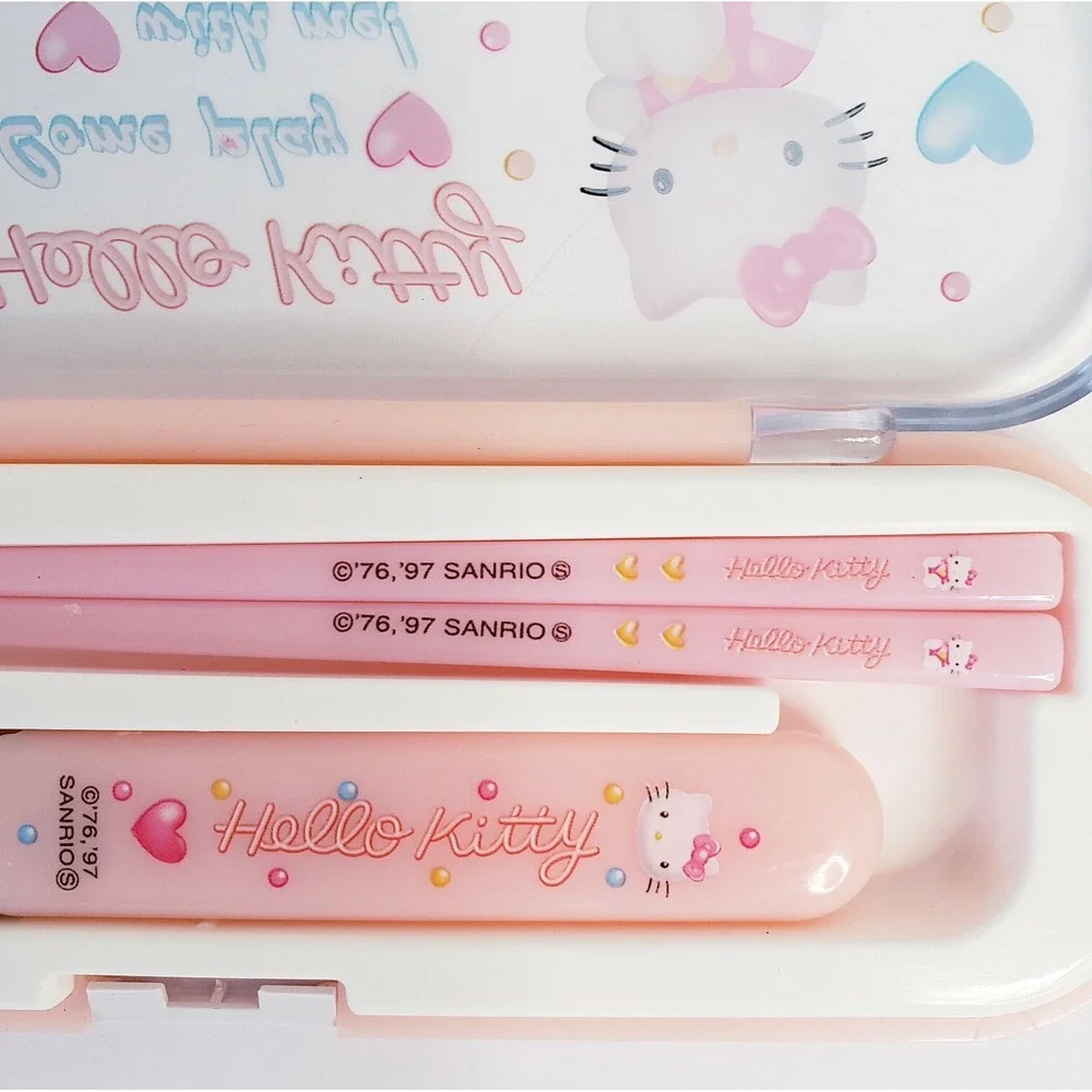 JAPAN Sanrio Hello Kitty Hearts Spoon Chopsticks Box Case Bento Lunch Set 1998